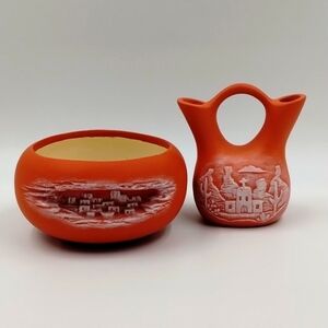 Indian Bowl and marriage jug Lorrine on the bottom Coral color